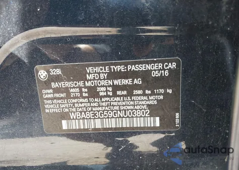 2016 BMW 328I xDrive из США, поврежденный, VIN WBA8E3G59GNU03802